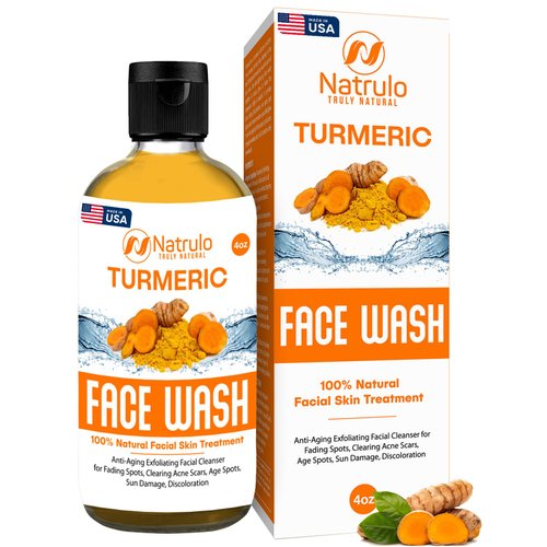 Natrulo Turmeric Face Wash, 4oz Clear Skin Liquid Soap – 100% Natural Anti Aging Exfoliating Turmeric Facial Cleanser for Fading Spots, Clearing Acne Scars, Age Spots, Sun Damage, Discoloration