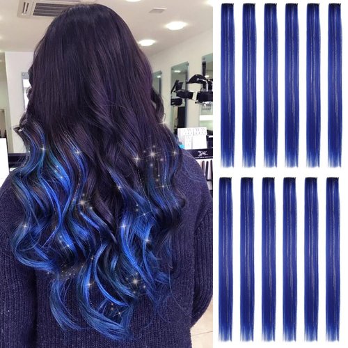 EXTACIO 12pcs Clip in Blue Hair Extensions Mix tinsels,22 Inch Colored Hair Extensions,2 in 1 Rainbow Hair with Silver Tinsels,Kids Hair Extensions,Colorful Party Highlights for Kids Girls