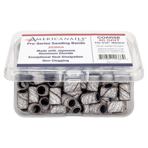 Americanails Pro-Series Zebra, Coarse 80 Grit, Professional Sanding Bands for Acrylic Nail File Drill, E-File Sanding Drill Bit Piece Set, Nail Polishing and Filing Tools - 100 Count