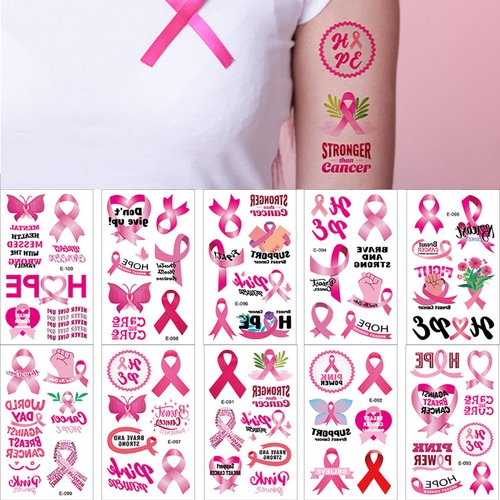 Pink Ribbon Temporary Tattoo 60+ Pattern Breast Cancer Awareness Fake Tattoo Waterproof Face Body Tattoo Stickers Decoration for Women Breast Cancer Awareness Tattoos Party Supplies 10Sheets