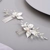 Chargances 2pcs Wedding Silver Flower Leaf Hair Comb Bridal Pearl Handmade Hair Side Comb Set Bride Flower Hair Piece Wedding Hair Accessories for Women and Girls (Silver)