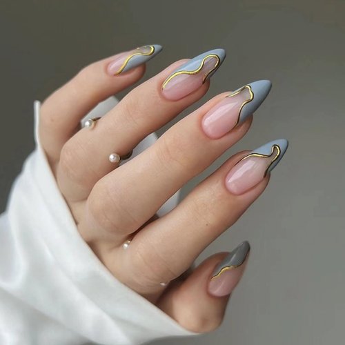 MERVF Almond Press on Nails Medium Fake Nails Blue French Tip Stiletto Acrylic Nails Press ons with Gold Lines Design Glue on Nails 24pcs Glossy