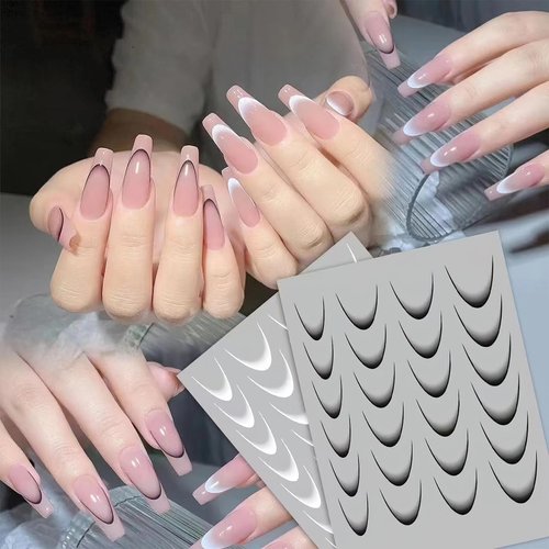 Jremg Gradient Color French Tip Line Nail Stickers, 3D Self-Adhesive Colorful Geometric Curve Lines Nail Decals Wave Stripe Nail Art Stickers Nail Tips Guides for Women Girl DIY Nail Decor 10 Sheets