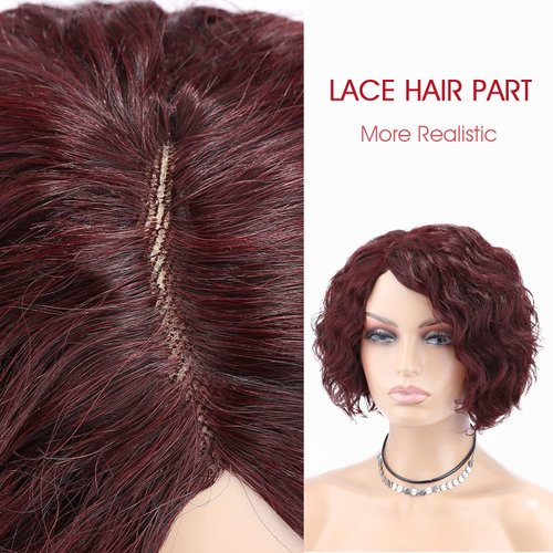 FAVE Short Curly Bob Wigs for Black Women 8 inches Human Hair Wigs Glueless Side Part Bob Wig Pixie Wigs 99J Color Short Human Hair Wig Natural Looking (99J,8 Inches)