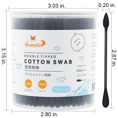 HOMEFOX Black Cotton Swabs Precision Pointed - 400 Count Organic Pointy Pointed Cotton Bud Double Side Tightly Wrapped Charcoal Cotton Tip Paper Stick Soft Gentle Cruelty-Free, Pointy & Round (Black)