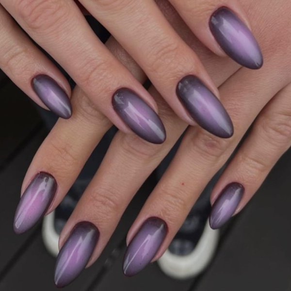 GLAMERMAID Black Pink Ombre Press on Nails Medium Almond, Purple Aurora Fake Crush Nails, Glossy Gel Glue on Nails Short Oval Stick on Blush Nail Set, Glitter Acrylic Stiletto False Nail Kit for Women