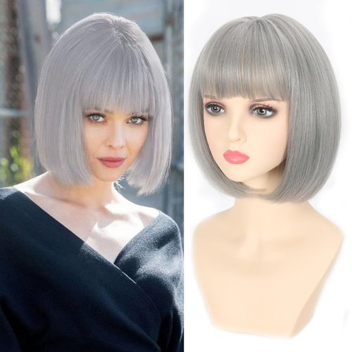 Refined Short Bob Wigs With Bangs 12 inch Straight Synthetic Cosplay Party Wig For Women Daily Use Colorful Hair Wigs (Grey, 12 Inch)