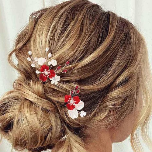 Latious Red Flower Bride Wedding Hair Pins Pearl Bridal Hair Clips Bridesmaids Hair Accessories f...