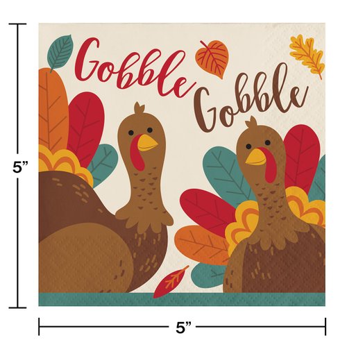 Creative Converting Thanksgiving Turkey Beverage Napkins, 5" x 5", Burgundy, Orange, Green, and Ivory