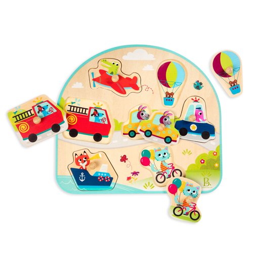 B. toys- Vehicles On The Go!- Wooden Peg Puzzle – Educational Puzzle – Vehicles Peg Puzzle for Toddlers, Kids – 7 Chunky Pieces – 18 Months +