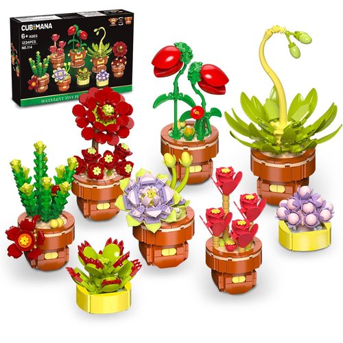 CUBIMANA 8 Pack Succulents Tiny Plants Building Sets - 1234PCS Flowers Potted Plant Carnivorous Arid Flora Building Blocks Toy for Home Décor, Creative Botanical Building Set Gifts for Adults Girls 6+