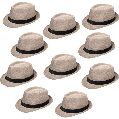 10 Pack 1920s Short Brim Fedora Classic Panama Cap Panama Hat Summer Hat Mens Summer Hats with Brim Mens Straw Fedora for Men Women Party Costume, Circumference 60 cm (Beige)