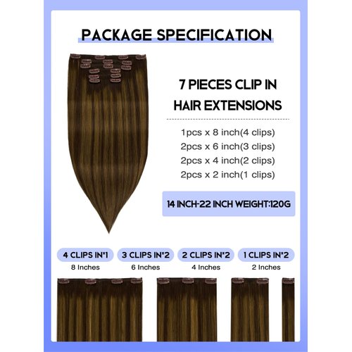 Balayage clip in hair extensions real human hair Dark Brown to Chestnut Brown Human Hair Clip in Extensions Remy Human Hair Clip on Extensions Silky Straight Brown Hair 14 Inch 120g