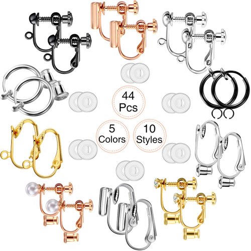 Hicarer 10 Pairs Non Pierced Earrings Clip-on Earrings Converter Components with Post for Non-Pierced Ears, with 12 Pairs Comfort Earring Pads for Women and Girl (Multi-Type Series)