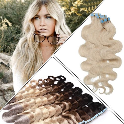 Benehair Remy Tape in Hair Extensions Human Hair Bleach White Seamless Skin Weft Tape in Real Human Hair Extensions Wavy Hair 14 Inch 40g #70 20 pcs