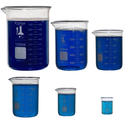 Karter Scientific, 3.3 Boro, Griffin Low Form, Glass Beaker Set - 6 Sizes - 10ml, 50ml, 100ml, 250ml, 500ml, 1000ml