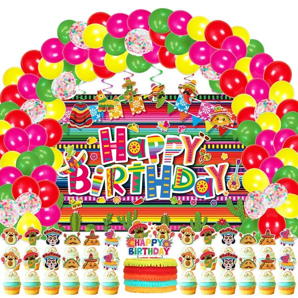 LXlucktim Mexican Themed Birthday Party Decorations, 129 Pcs Fiesta Taco Birthday Party Supplies Balloons Garland Arch Kit for Boys Girls - Birthday Backdrop, Cupcake Toppers, Balloon, Hanging Swirls