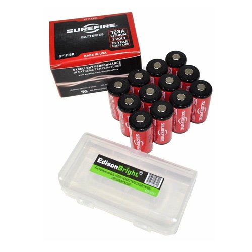 EdisonBright 12 Pack SureFire CR123A Lithium Batteries (Made in USA) SF123A BBX3 Battery Carry case Bundle