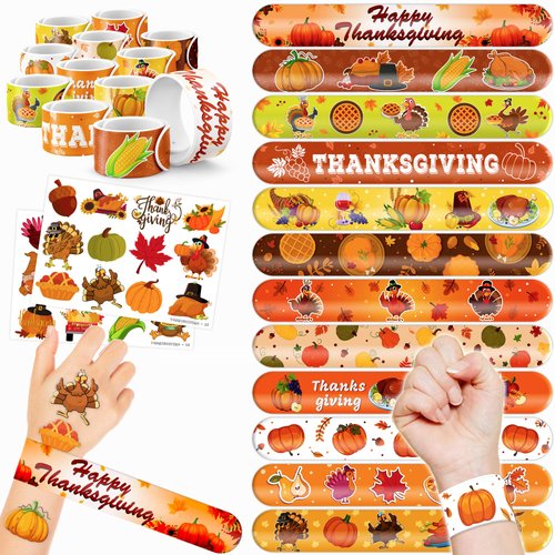 48 Thanksgiving 24PCS Thanksgiving Temporary Tattoos Sticker 24PCS Slap Bracelets Perfect for The...