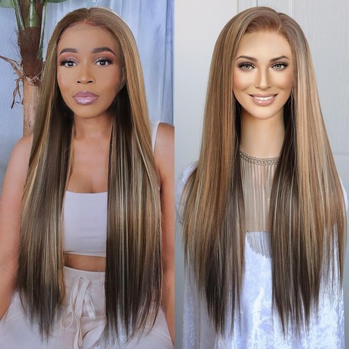K'ryssma Brown 13x6 Wig Highlight Blonde 13x6 Lace Front Wig Pre Plucked 6 Inch Deep Part Glueless Long Bone Straight Ombre Mixed Brown Synthetic Lace Front Wigs for Women 24 Inches