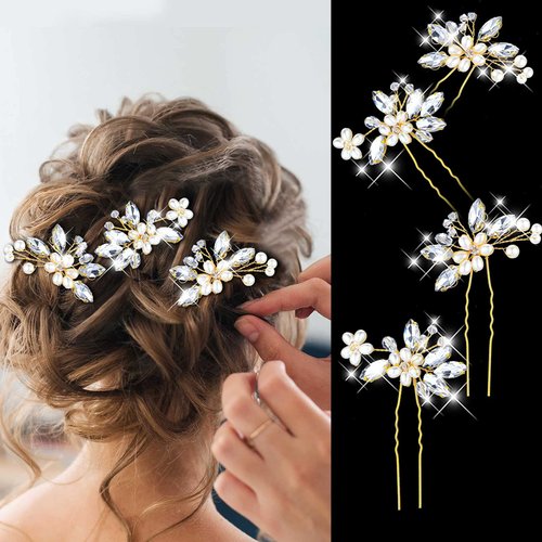 Geosar 8 Pieces Wedding Hair Clips, Gold Bridal Hair Pins with Rhinestone Flower Hair Pins Bridal Accessory for Women and Girls, 10.5 x 6 cm / 4 x 2.4 inches