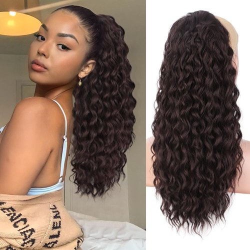 Stamped Glorious 18 Inch Curly Ponytail Extension for Women Synthetic Drawstring Ponytail Hair Extensions for Girls Daily Party Use (18 inch, Dark Brown)