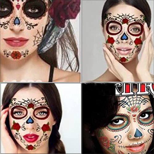 6 Pack Floral Day of the Dead Sugar Skull Face Temporary Tattoos Halloween Makeup Tattoos Decor Stickers for Halloween Masquerade Party