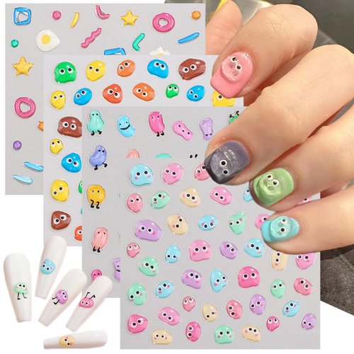 Cute Nail Art Stickers Decals 5D Jelly Beans Nail Decals Embossed Fondant Gum Nail Art Supplies Colorful Line Letter Fried Eggs Design Nail Stickers Self-Adhesive Water Drop Star Nail Art Decals 4PCS