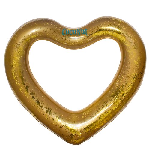 Coconut Float: Gold Glitter Heart Pool Float - 48"x40", Inflatable 48" Jumbo Ring, Anti-Leak, Durable, Water Accessory