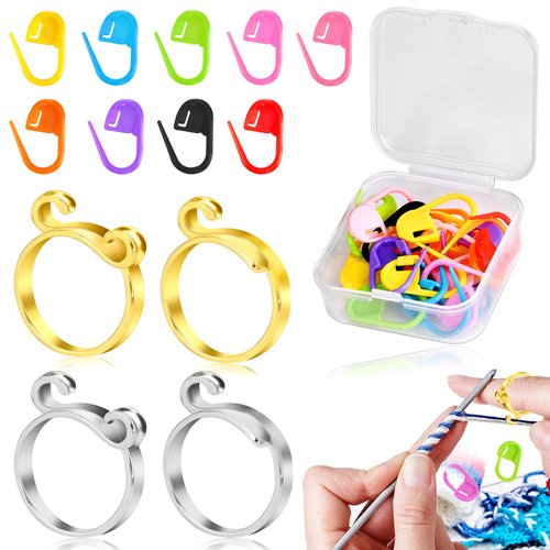 4 PCS Crochet Ring, Crochet Tension Ring, Crochet Accessories, Stitch Markers for Crochet with Storage Case, 20 PCS Color Mixing Crochet Stitch Markers, New Ring 2 in Diameter（Gold Silver）