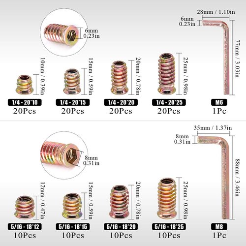 Swpeet 122Pcs Carbon Steel Color Zinc Plated Carbon Furniture Screw in Nut Threaded Wood Inserts Bolt Fastener Connector Hex Socket (1/4 + 5/16, Assortment Kit)