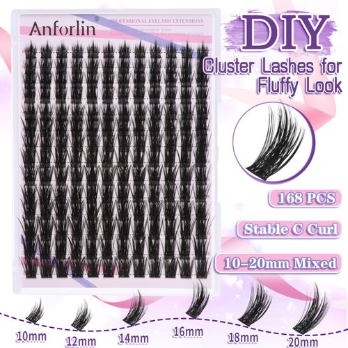 Fluffy Lash Clusters 10-20mm manga lashes 168 Pcs Spiky Lash Clusters C Curl Anime Individual Lashes Thin Band False Eyelashes DIY Cluster Eyelash Extensions at Home, by Anforlin