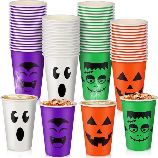 100 Pcs Halloween Party Cups 12 oz Pumpkin Vampire Bat Ghost Paper Cups Disposable Halloween Cups for Hot Cold Drinks Trick or Treat Supplies Decoration (Halloween)