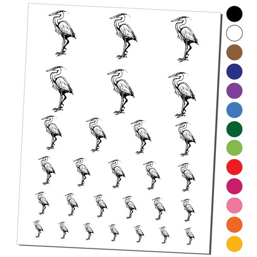 Great Blue Heron Tall Water Bird Temporary Tattoo Water Resistant Fake Body Art Set Collection - Black (One Sheet)