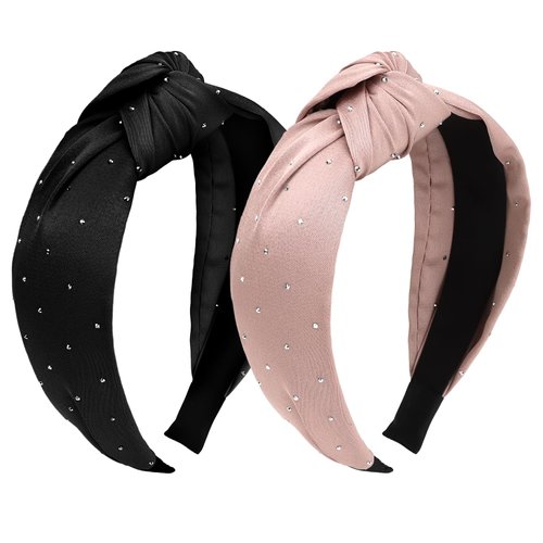 CURASA 2pcs Knotted Headband for Women Black Wide Headbands for Women Non Slip Pink Valentines Headband Silk Head Bands for Women's Hair Cute Hairbands Knot Head Band Hair Accessories for Women Girls