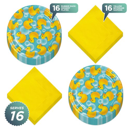 Rubber Duck Party Supplies - Bubble Bath Paper Dessert Plates and Beverage Napkins (16 Plates & Napkins)