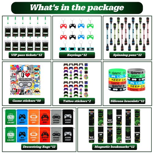 KISPATTI Video Game Party Favors, 124 PCS Gaming Birthday Party Supplies with Drawstring Bags VIP Pass Tickets Keychain Temporary Tattoo Stickers Game Theme Goodie Bag for Kids Gamer
