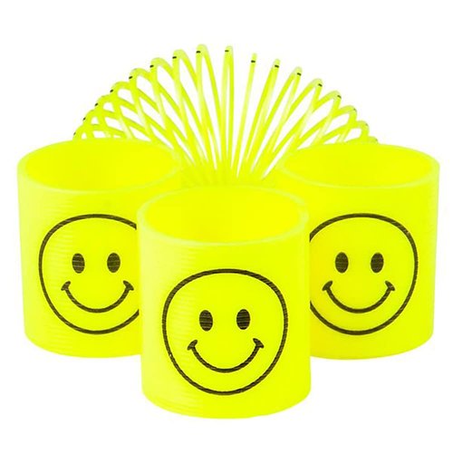 The Dreidel Company Smile Face Coil Spring, Bright Neon Yellow Happy Faces Magic Springy Toy for Kids, Party Favor, Birthday Parties, Carnival Prizes, Goody Bag Filler, 1.4" (35MM) (12-Pack)