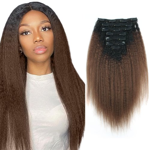 MIMIESEAT Ombre Kinky Straight Clip for Black Women Human Hair Kinky Straight Hair Clip in Extensions Natural Color to Dark Brown 120 Grams 7 Pcs with 17 Clips 16 Inch
