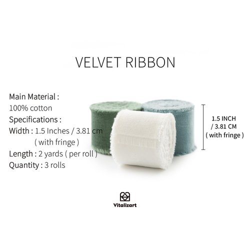 Vitalizart Velvet Ribbon Dusty Green Blue 1 1/2 Inch Handmade Frayed Fringe Fabric for Christmas Wreath Craft Ornaments Gift Wrapping Decor 3 Rolls 6 Yd