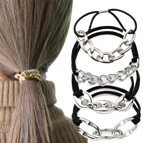 Wenlly 4 pieces metal chain hair ties, elastic ponytail holder, sweet hair scrunchies, hair accessories, silver