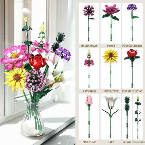 Linkowin Flower Bouquet Building Set, 699pcs Creative DIY Plant Bouquet Decoration,10 Unique Flower Bouquet for Girls Women Adults 6+, Idea Gifts for Valentines Birthdays Mother's Day