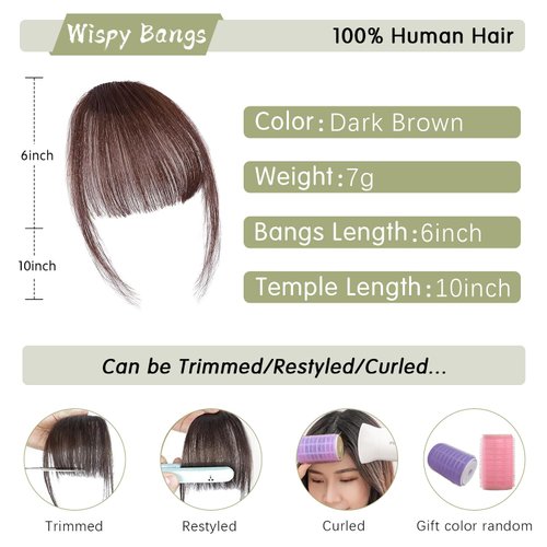 Gx Beauty Clip in Bangs 100% Human Hair Bangs Women Air Thinning Curtain Flat Fake Bangs Hair Clip Wispy Bangs Fringe with Temples Hairpieces for Daily Wear(Dark Brown)