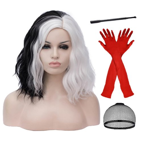 Mildiso Black White Wigs for Cruella Deville Costume Women Cruella Deville Wig with Gloves Short Curly Wavy Hair Wig with Wig Cap M126BW