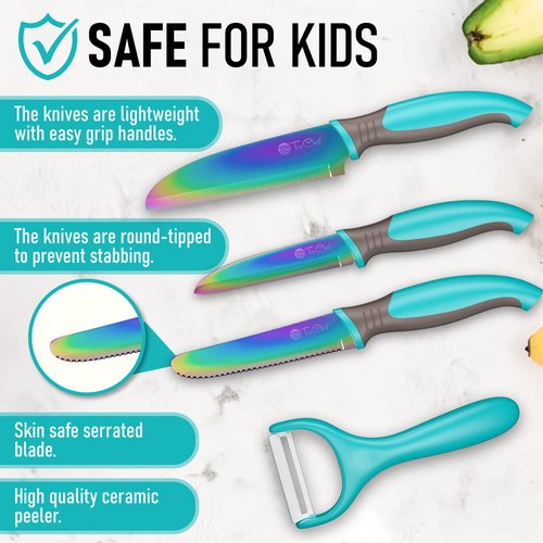 TruChef 5 Piece Kids Cooking Set - Knives, Peeler, Serrated Knife and Holder in Aqua