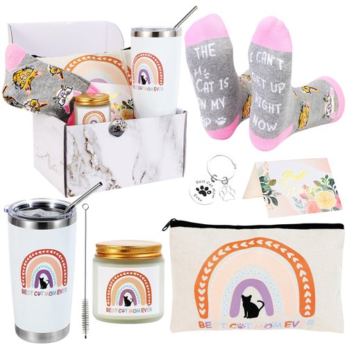 Kolewo4ever 7 Pieces Cat Mom Gifts Cat Gifts Christmas Gifts for Cat Lovers,Cat Lover Gifts for Women for Cat Lover Including Makeup Bag Socks keychain Greeting Cards Sented Candle (Cat Mom)