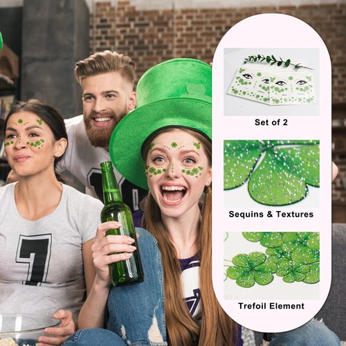 St. Patrick's Face Sticker Green Shamrock Face Gems Temporary Tattoos Sticker Clove Face Body Tattoos Party Makeup Self Adhesive St. Patrick's Day Holiday Festival Party Supplies 2pcs