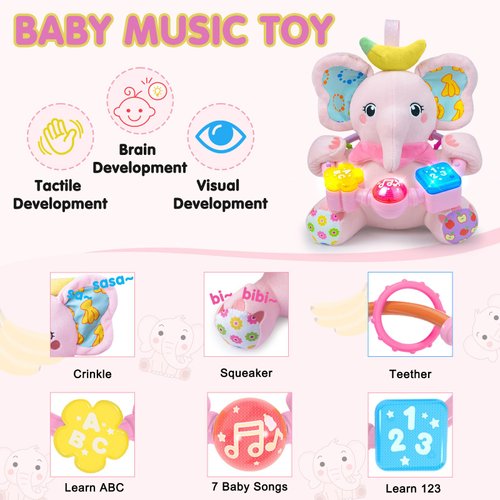 Ryotagift Baby Bilingual Musical Elephant Stuffed Animals Toys,Infant Early Learning Toys with Light-Up Music & Crinkle,Tummy Time Toys for 0 3 6 9 12+ Months for Baby Boy Girl Gift,Pink