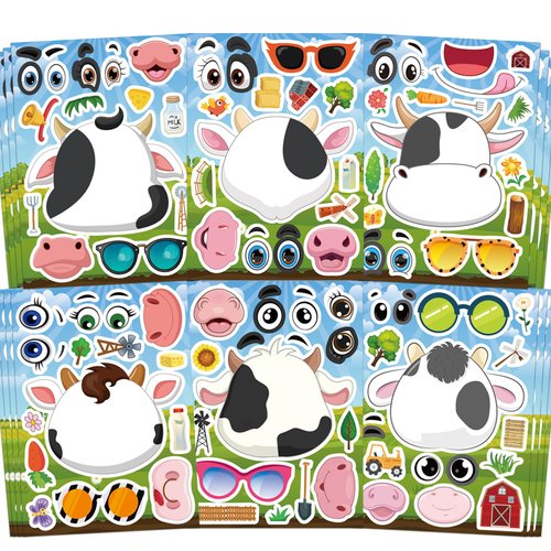 Ozepao Cow Stickers 24 Pcs Make-A-Face Mix and Match Cow Sticker Sheets for Kids Cute Cow Party Favors and Crafts