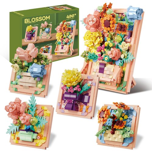 Flowers Building Set for Women - 4 In 1 3D Flower Picture Frames Building Sets, Rose Sunflower Botanical Collection Home Office Decor, Ideas Gift for Valentine Mother's Day Birthday Xmas Girls Adults